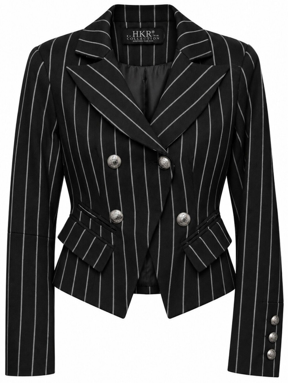 HkR Collection Women's Black Pinstripe Double-Breasted Blazer